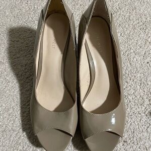 Nine West Taupe Patent Peep-Toe Pumps